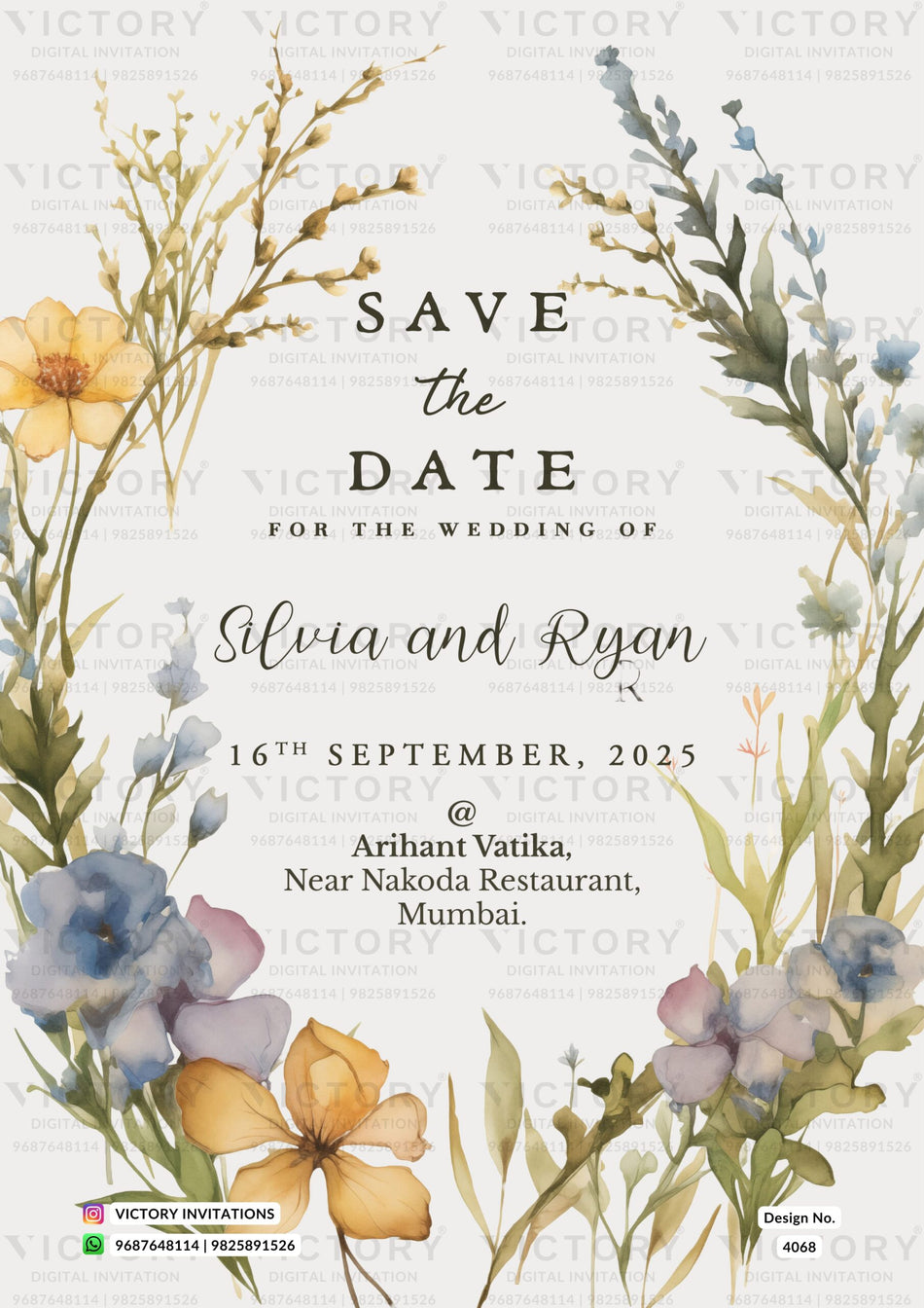 Save the Date card in english language with Flowers as floral theme design 4068