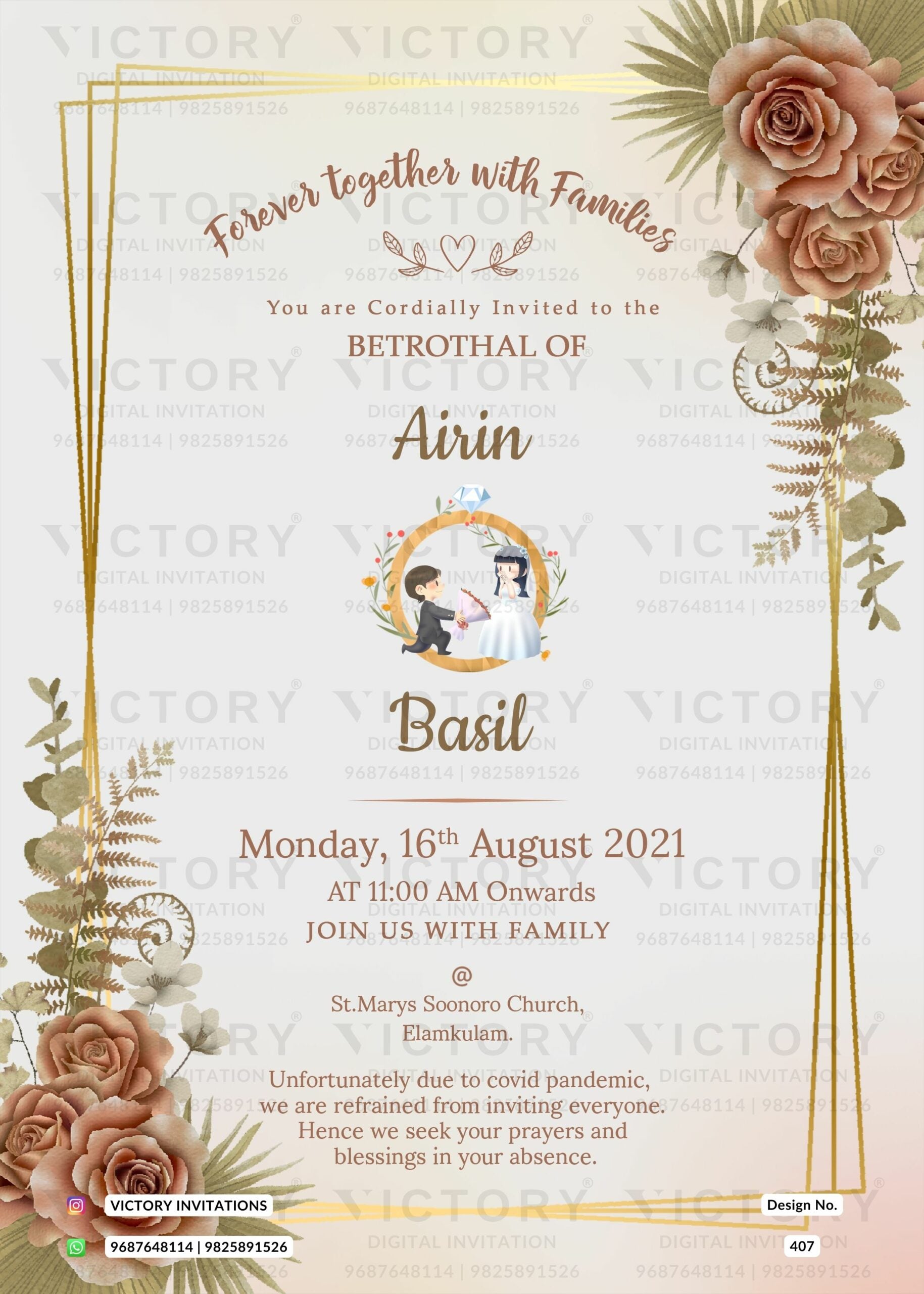 Betrothal ceremony invitation card for Catholic family in english language with frame, romantic couple doodle as floral theme design 407