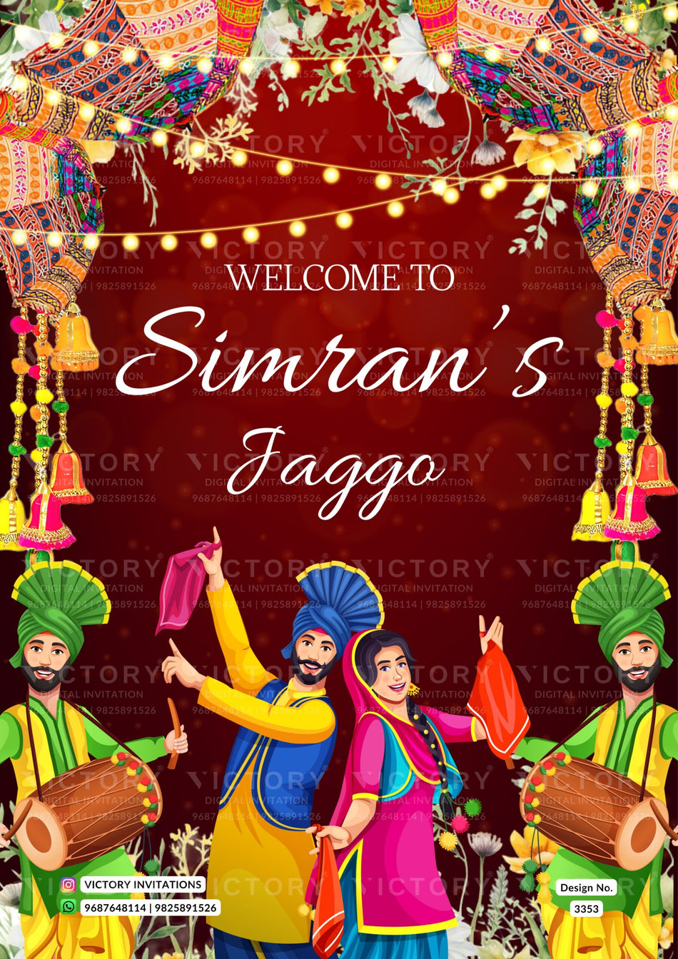 Punjabi Jaggo Welcome Standee design in english language with lights, flowers as traditional theme design 4070