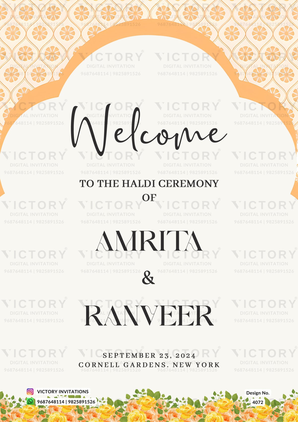 Haldi ceremony invitation card in english language with flowers as arch frame theme design 4072