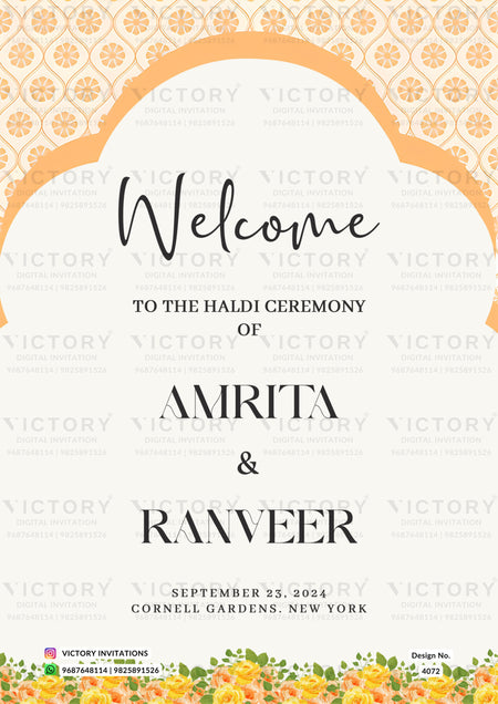 Haldi ceremony invitation card in english language with flowers as arch frame theme design 4072