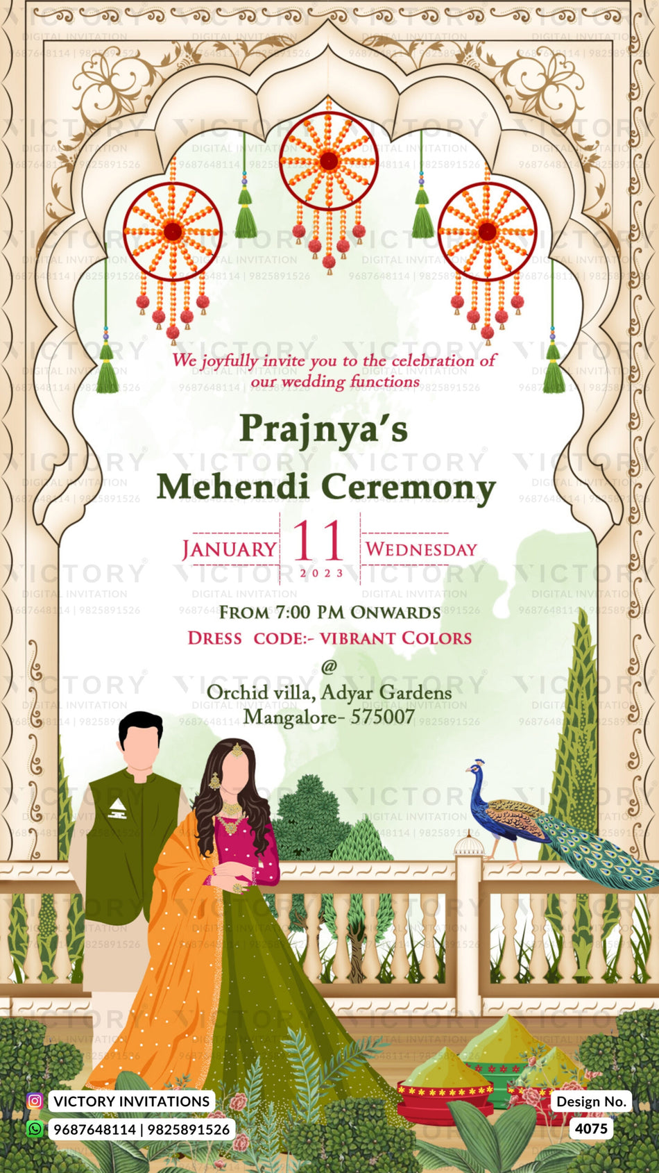 Mehendi ceremony invitation card in english language with Dreamcatcher, couple doodle, arch gate as garden theme design 4075