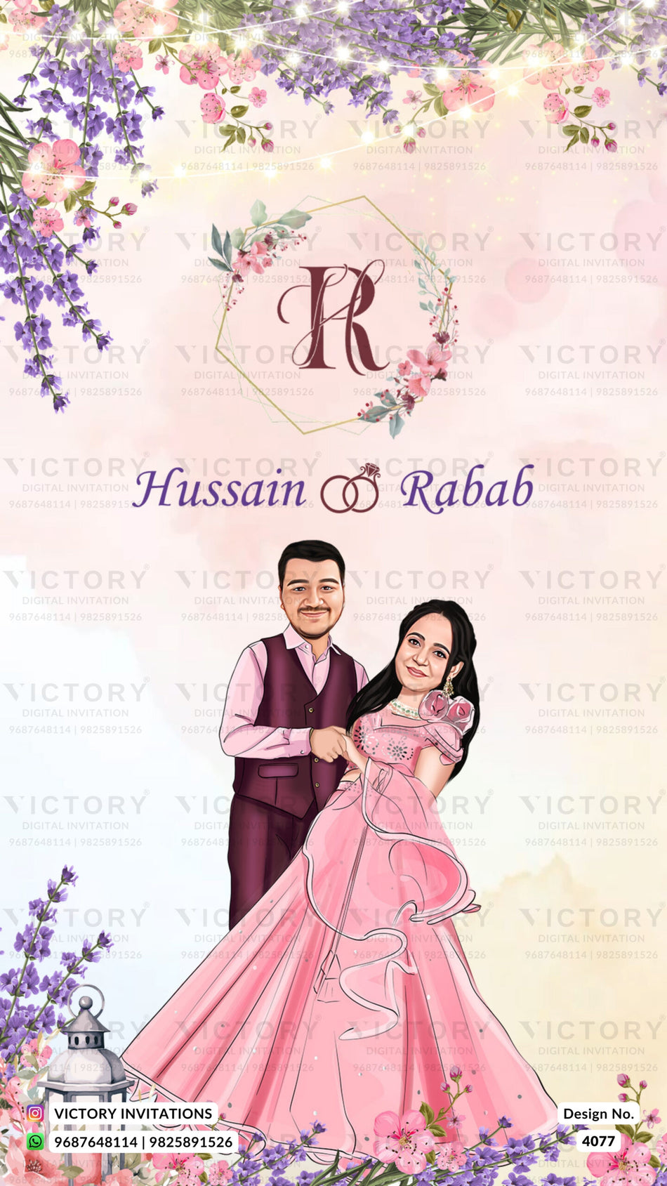 Romantic couple caricature invitation card for Engagement ceremony in English language with couple logo, flowers as floral theme design 4077