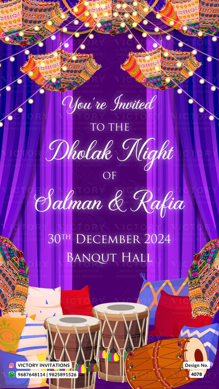 Dholki Night ceremony invitation card in english language with drums, umbrella as traditional theme design 4078
