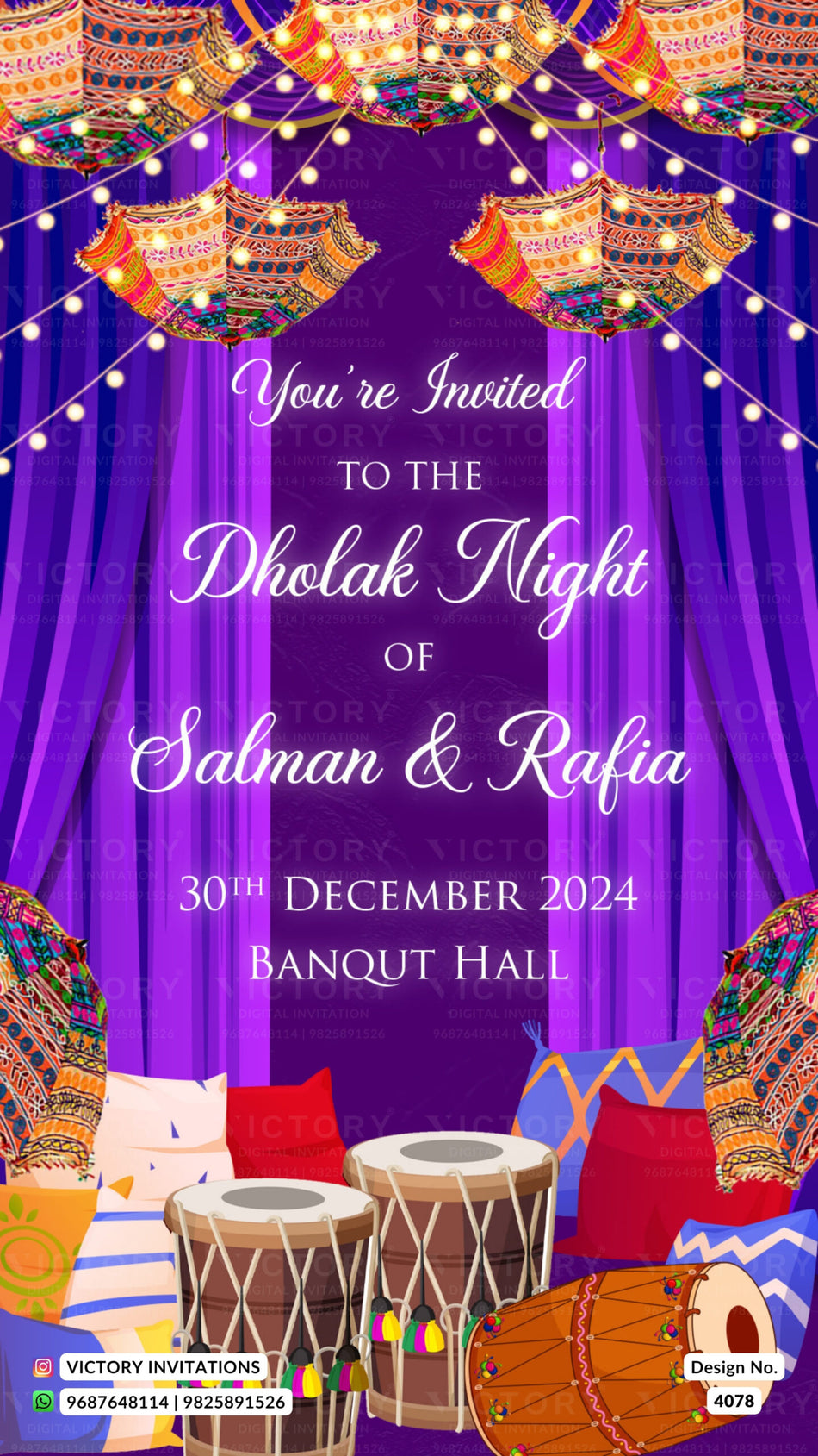 Dholki Night ceremony invitation card in english language with drums, umbrella as traditional theme design 4078