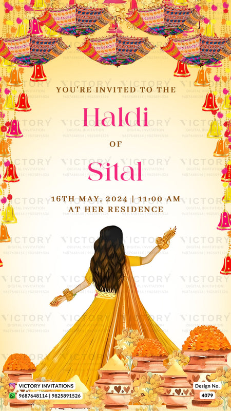 Haldi ceremony invitation card in english language with girl doodle, umbrella as traditional theme design 4079