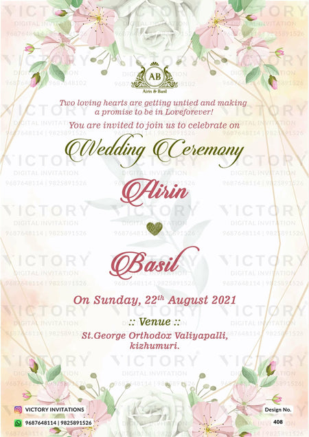 Wedding ceremony invitation card of hindu south indian malayali family in english language with Floral theme design 408
