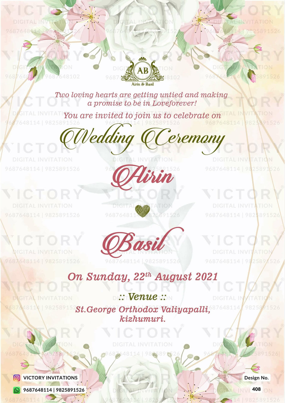 Wedding ceremony invitation card of hindu south indian malayali family in english language with Floral theme design 408