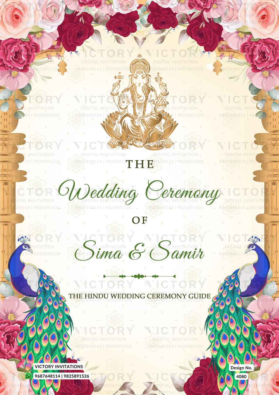 Wedding Timeline ceremony invitation card in english language with peacock, flowers as traditional theme design 4080
