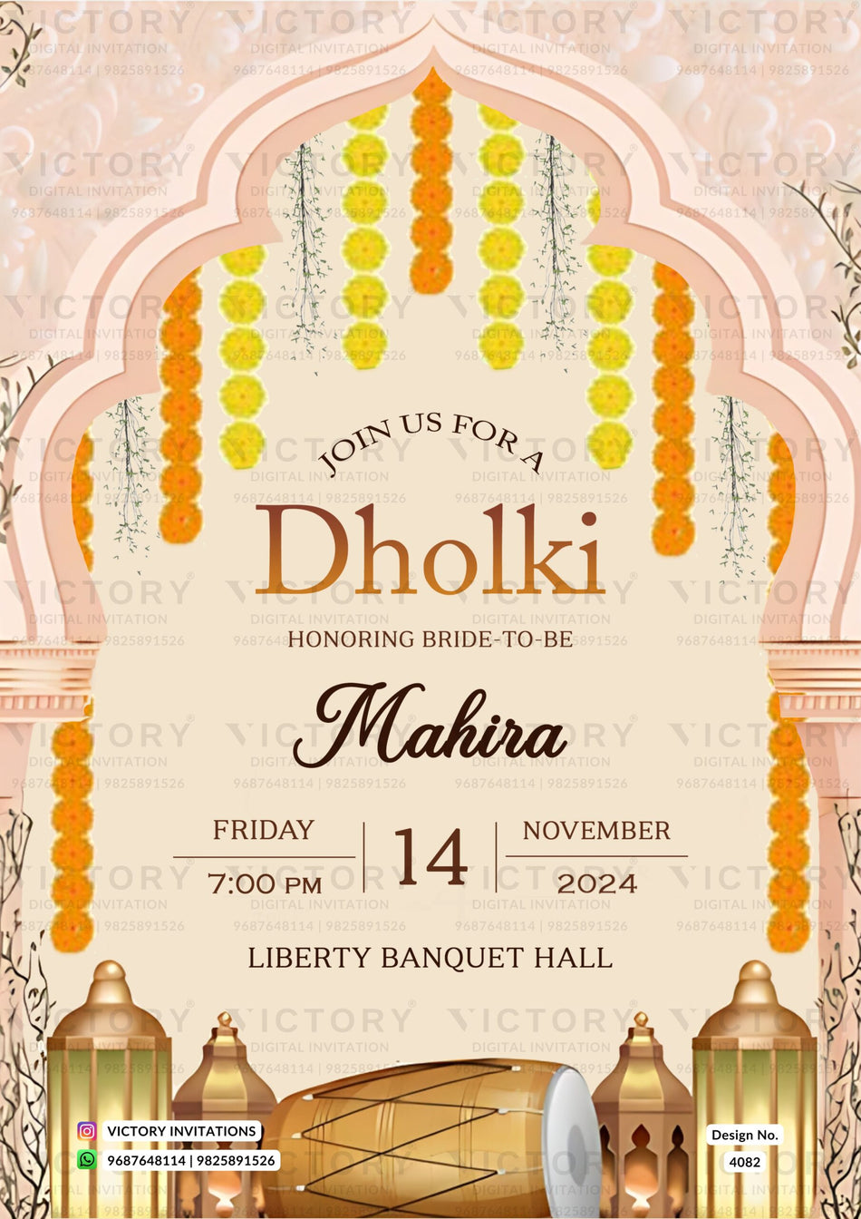 Dholki Night ceremony invitation card in english language with drums, lantern as arch theme design 4082