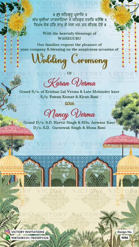 stylish couple caricature invitation card for wedding ceremony of hindu modern family in english language with traditional theme design 4086