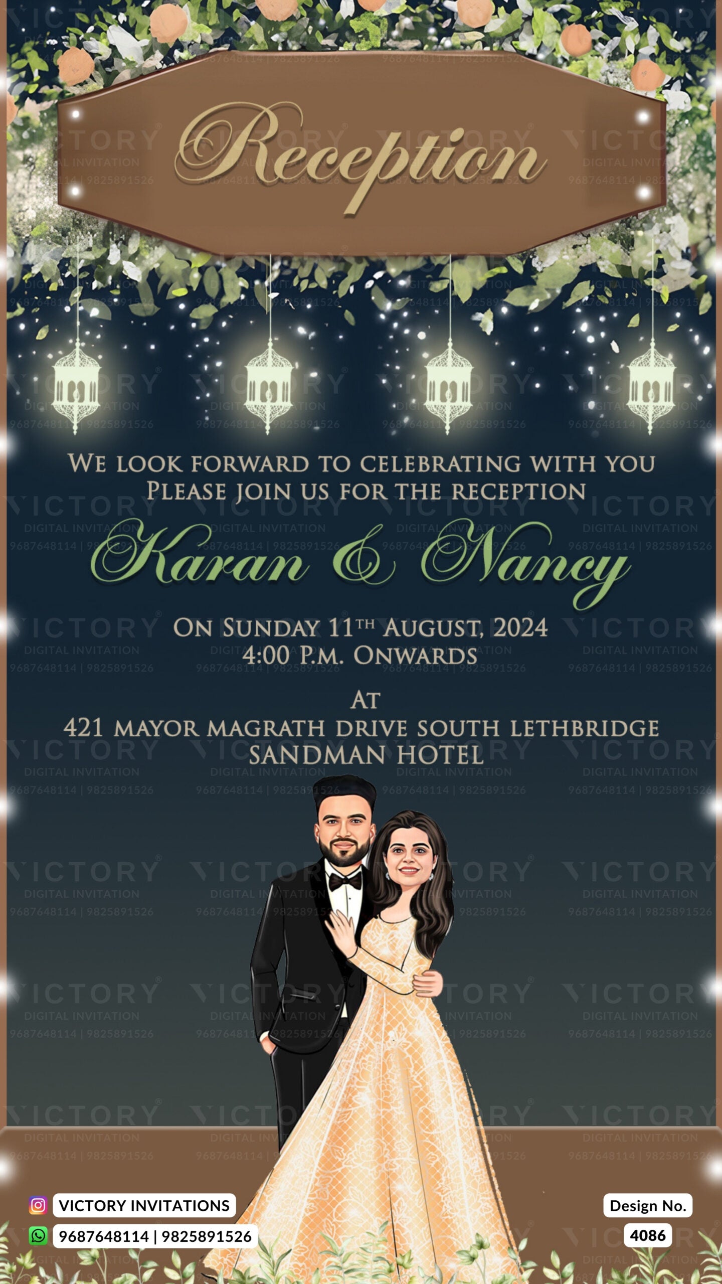 stylish couple caricature invitation card for wedding ceremony of hindu modern family in english language with traditional theme design 4086