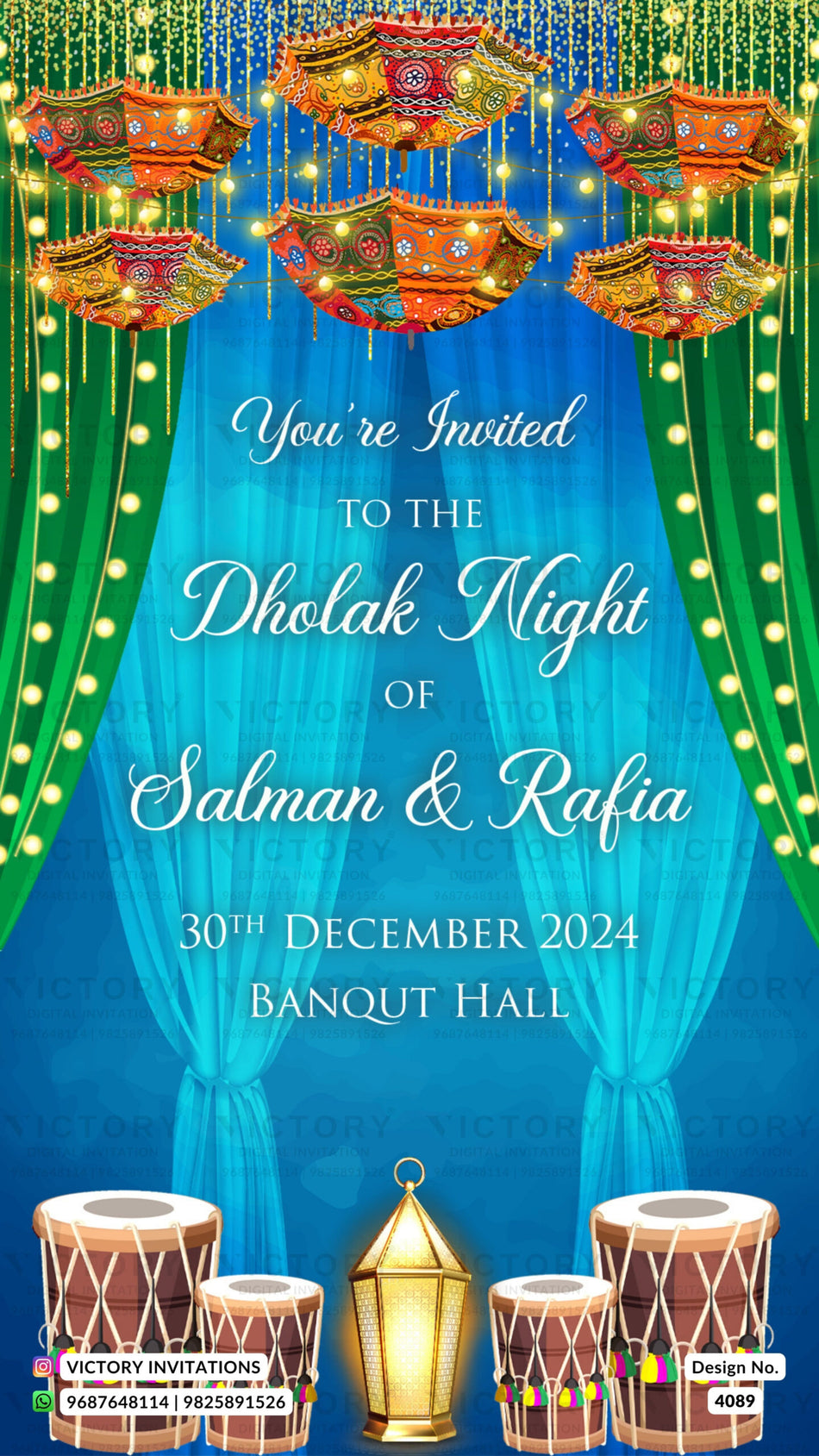 Dholki Night ceremony invitation card in english language with umbrella, drums as traditional theme design 4089