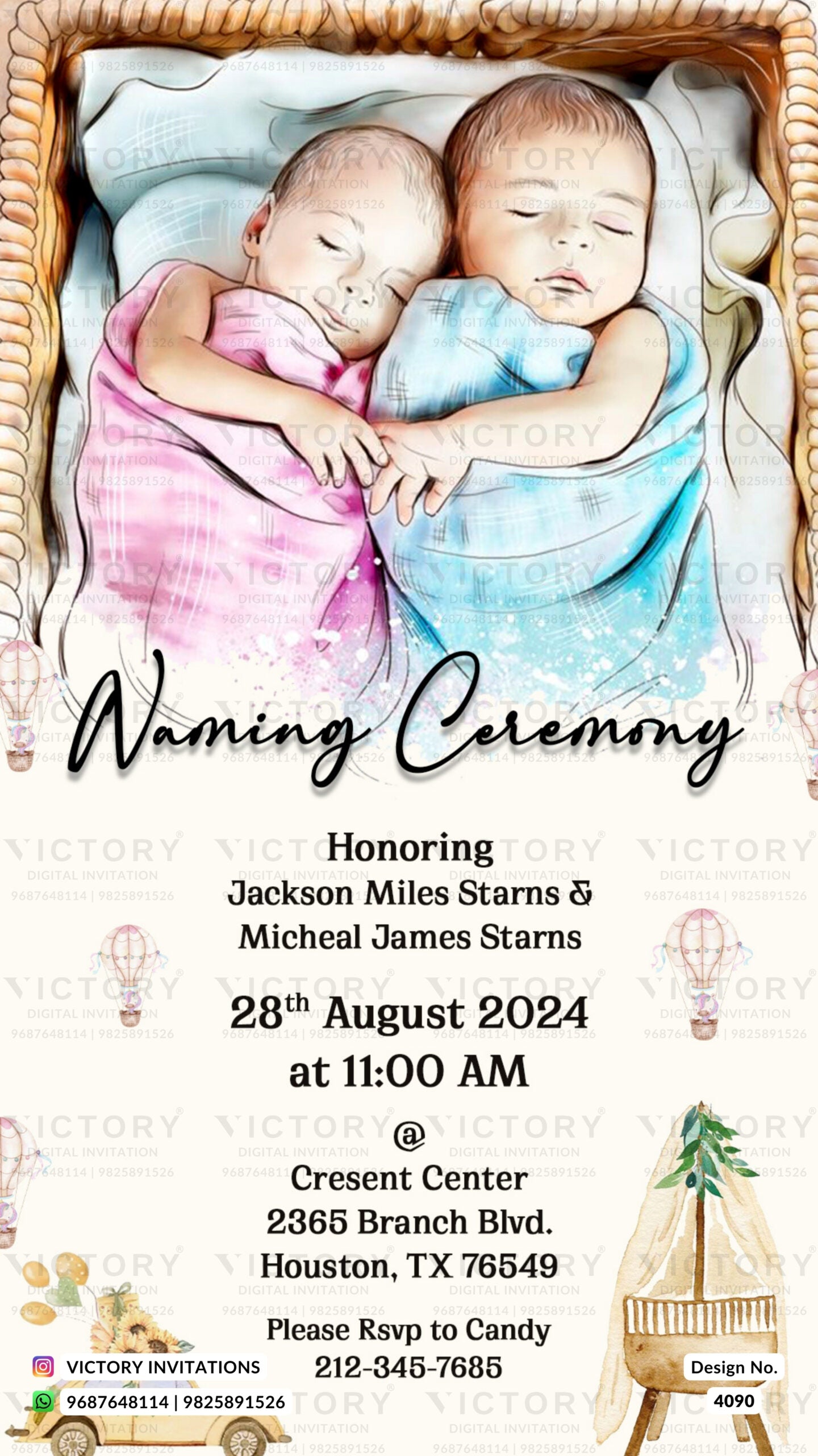Twins Baby Naming ceremony invitation card in english language with basket, baby image, hot air balloon as playful theme design 4090