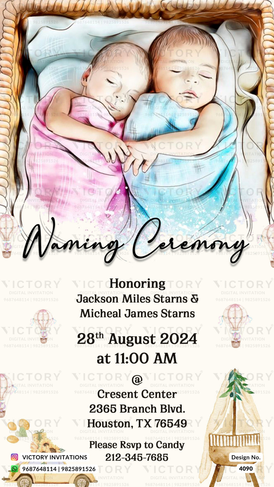 Twins Baby Naming ceremony invitation card in english language with basket, baby image, hot air balloon as playful theme design 4090
