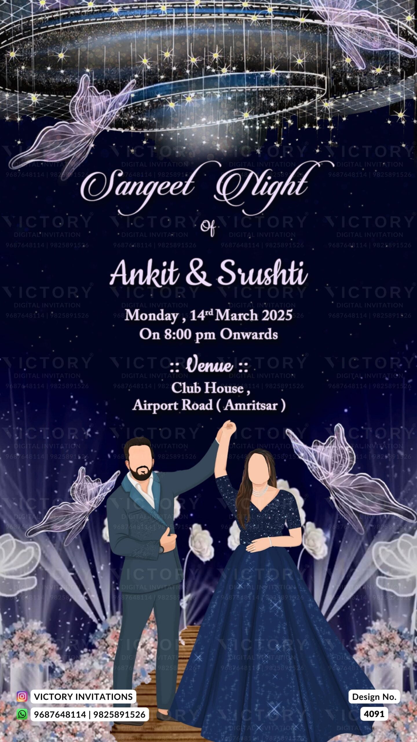 Mehendi & Sangeet Sandhya Ceremony invitation card in english language with couple doodle, butterfly as romantic theme design 4091