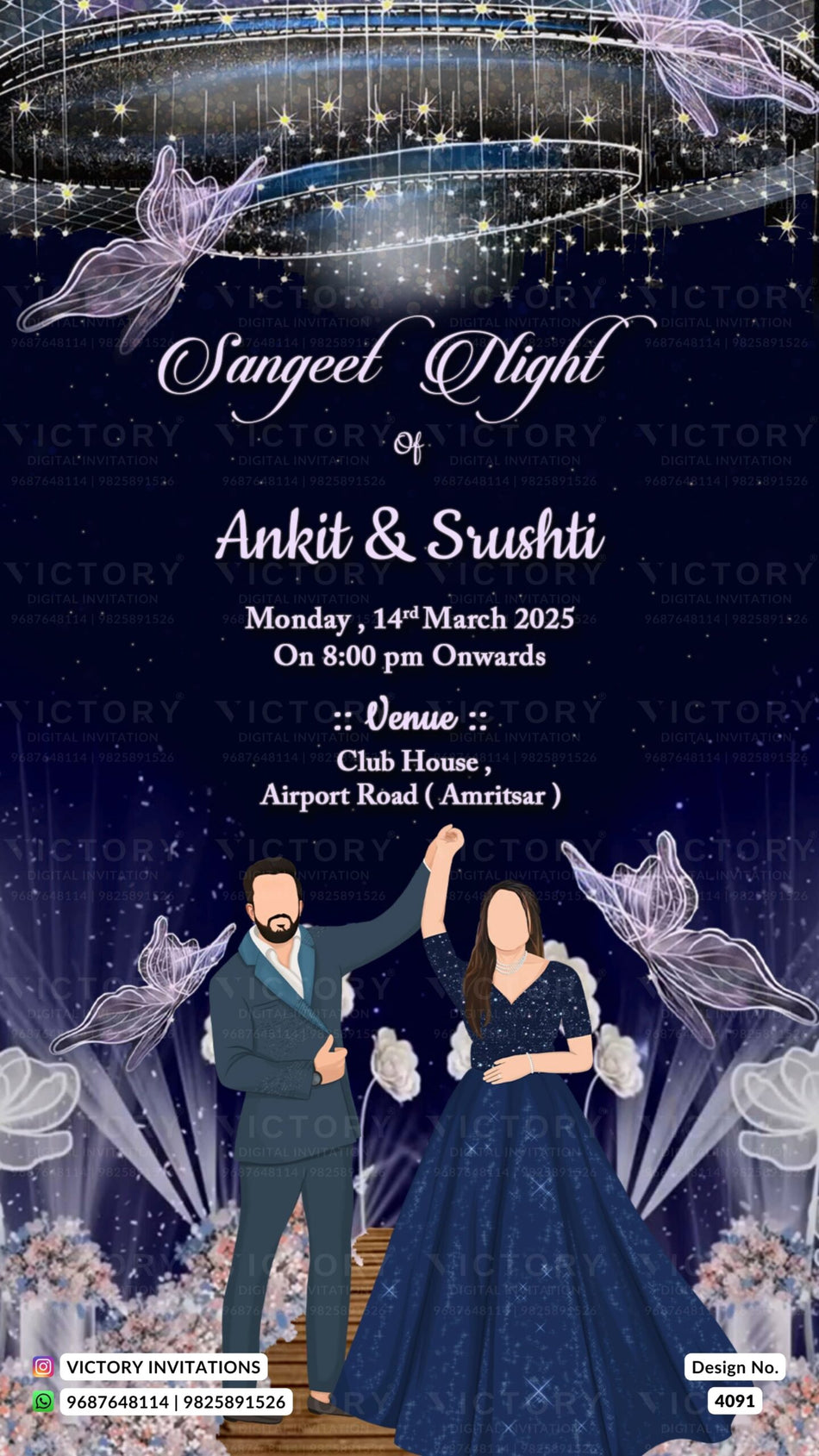 Mehendi & Sangeet Sandhya Ceremony invitation card in english language with couple doodle, butterfly as romantic theme design 4091