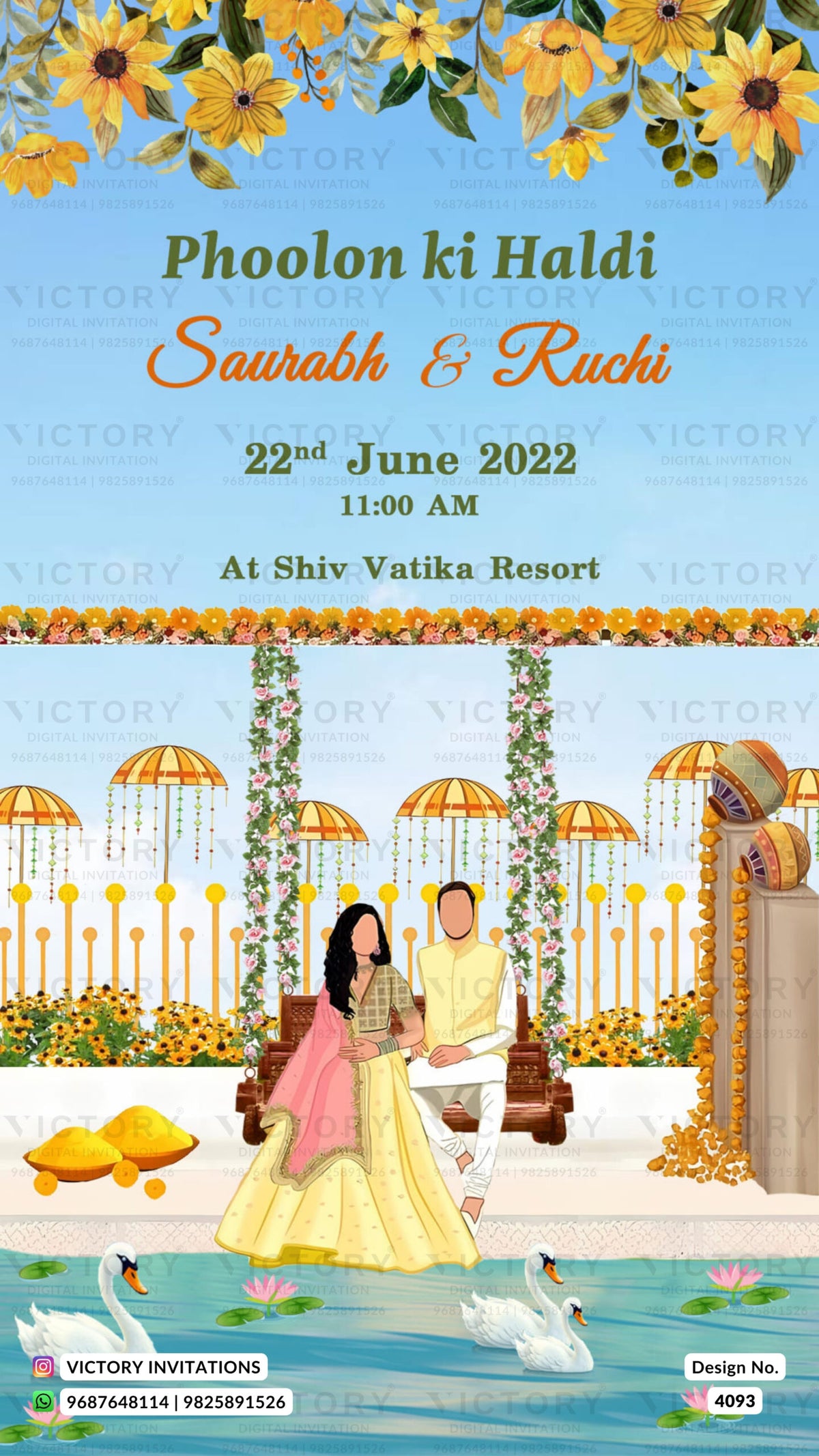 Haldi ceremony invitation card in english language with couple doodle, flowers as romantic theme design 4093