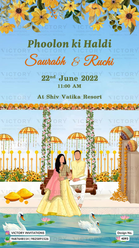 Haldi ceremony invitation card in english language with couple doodle, flowers as romantic theme design 4093