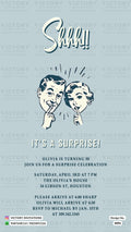 Surprise Party invitation card in english language with couple doodle as minimalistic theme design 4096
