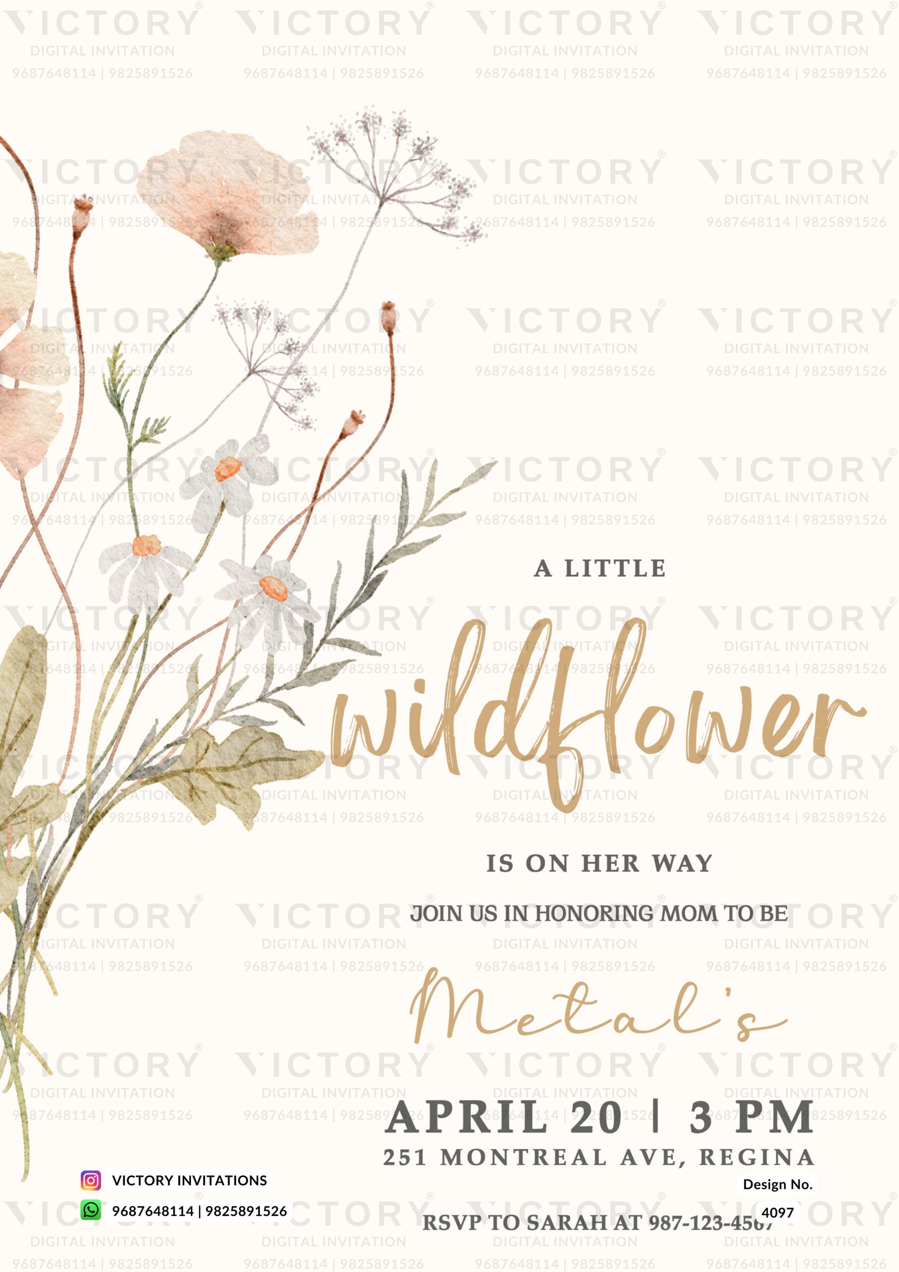 Baby Shower ceremony invitation card in english language with flowers as minimalistic theme design 4097
