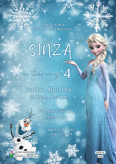 Birthday party invitation card for girl in english language with snowman as frozen theme design 4098