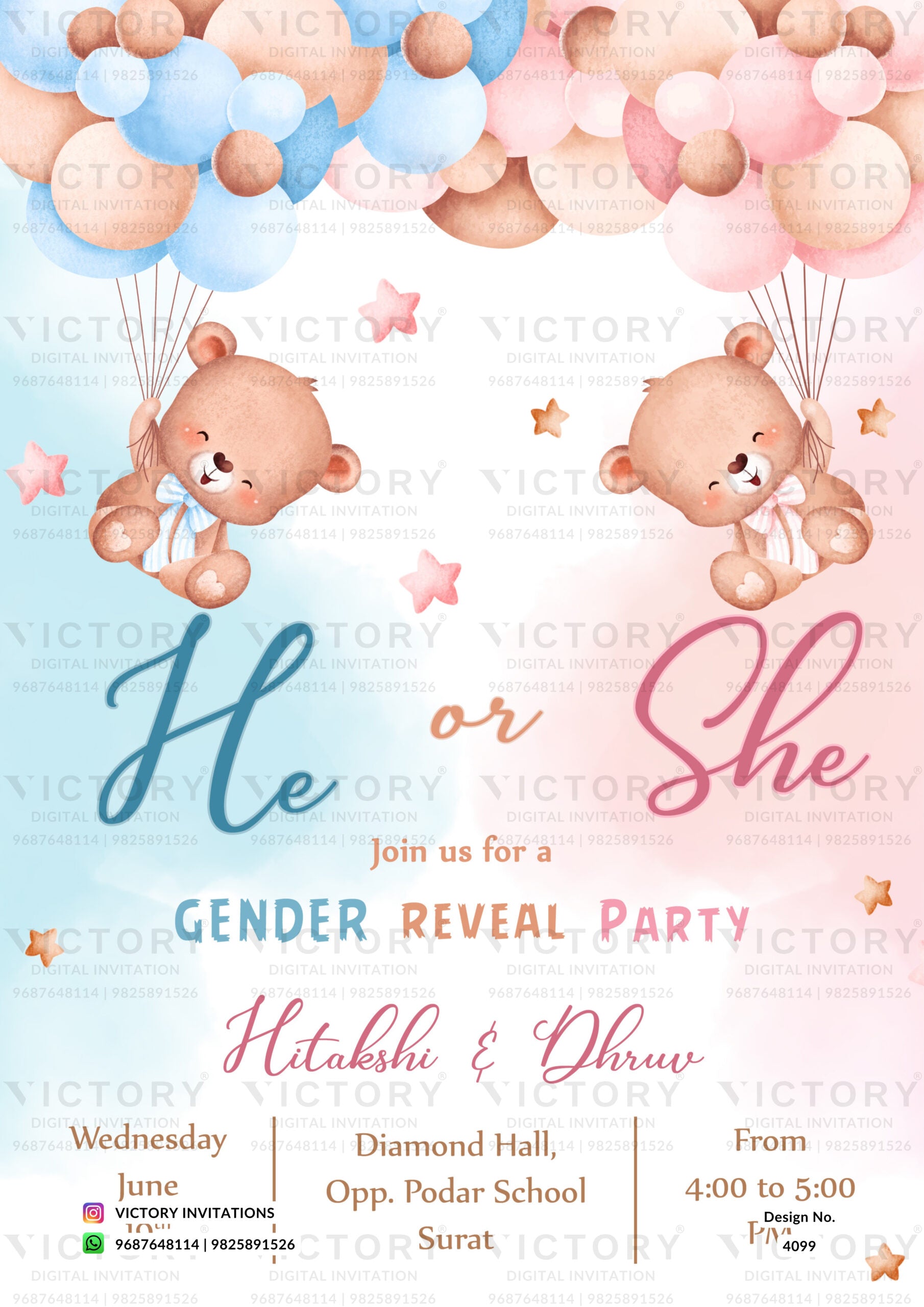 Gender Reveal Party invitation card in english language with teddy, star as balloon theme design 4099