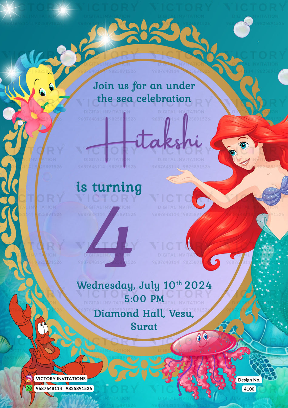 Birthday party invitation card for girl in english language with fish as Under the Sea theme design 4100