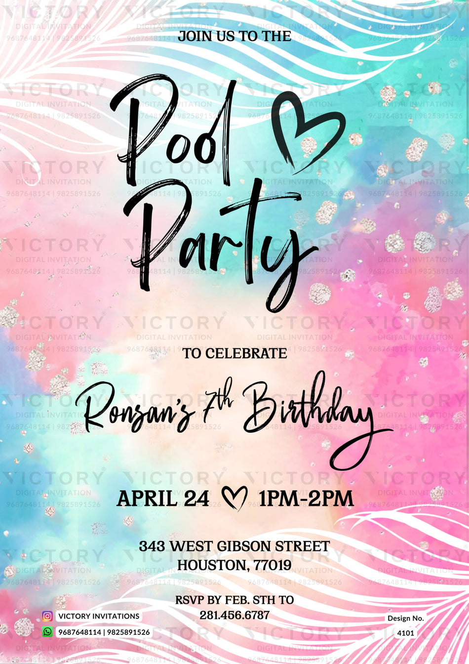 Pool Party invitation card in english language with glitter as asthetic theme design 4101