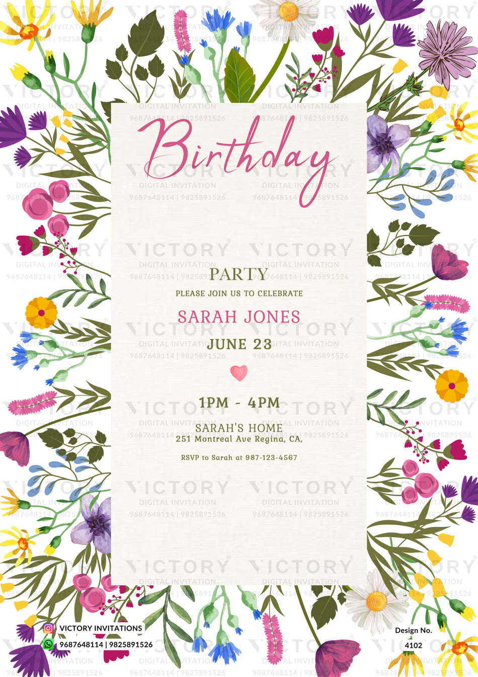 Birthday party invitation card in english language with flowers as floral theme design 4102