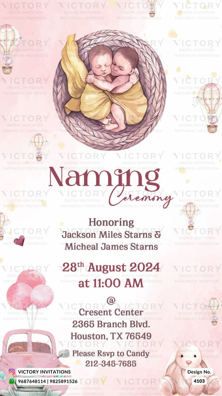 Twins Baby Naming ceremony invitation card in english language with hot air balloon, car, rabbit as playful theme design 4103