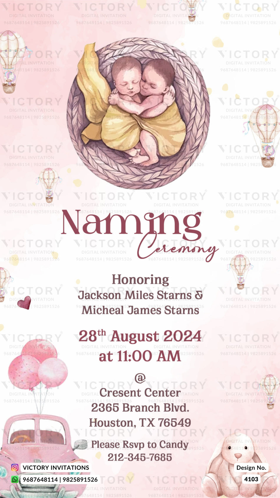 Twins Baby Naming ceremony invitation card in english language with hot air balloon, car, rabbit as playful theme design 4103