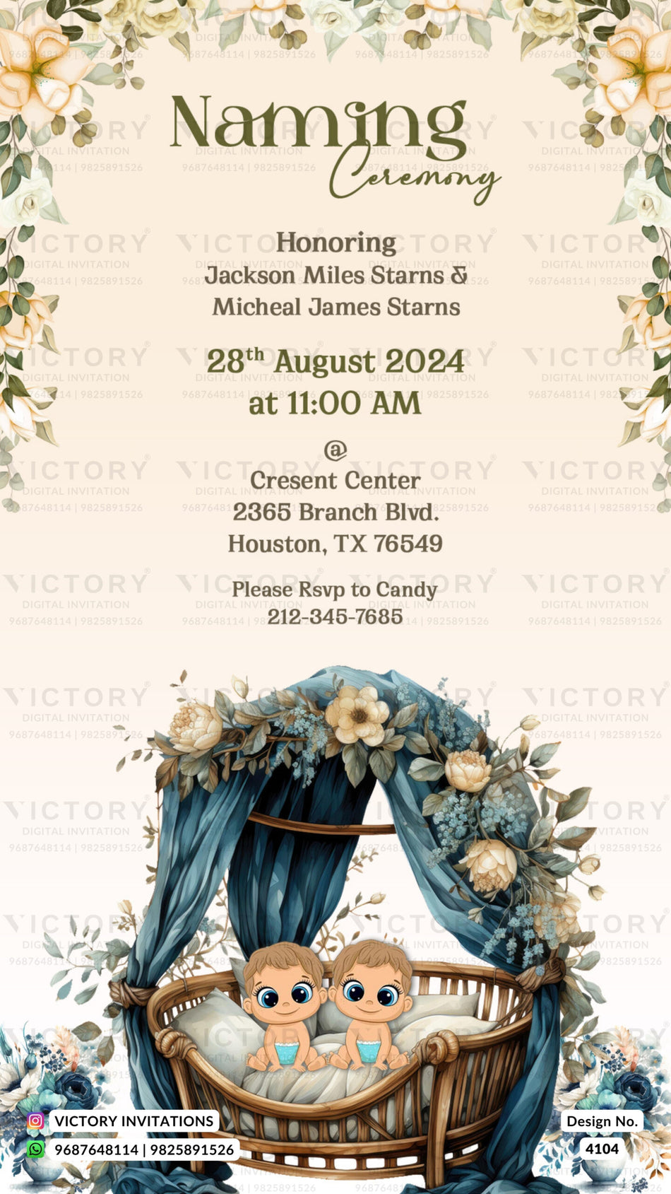 Twins Baby Naming ceremony invitation card in english language with crib canopy with flowers, baby image as floral theme design 4104