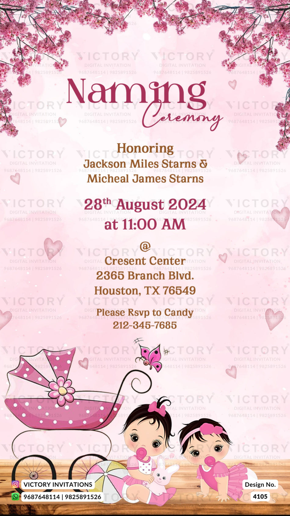 Twins Baby Naming ceremony invitation card in english language with baby carriag, baby girl's image as floral theme design 4105