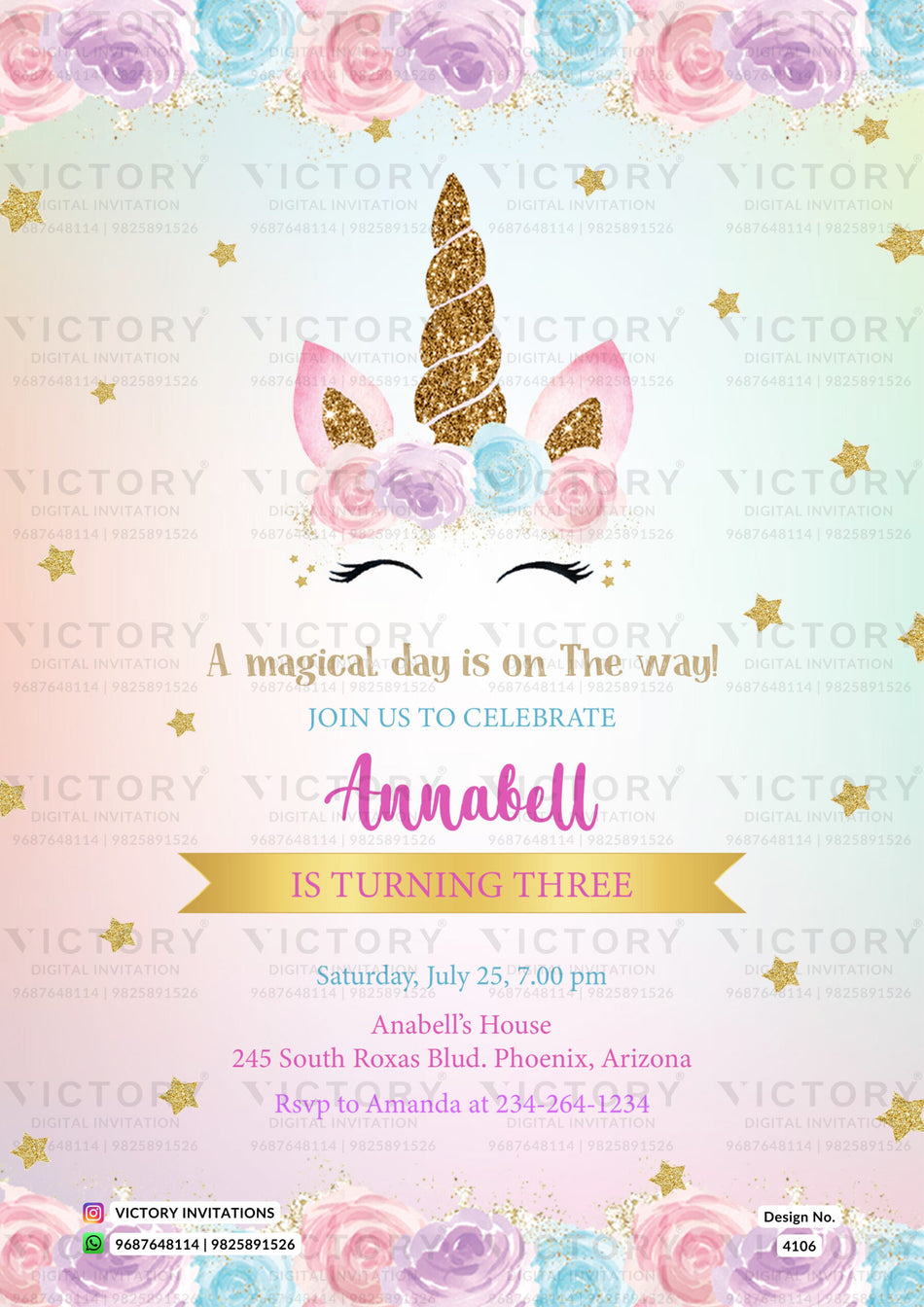 Birthday party invitation card for girl in english language with flowers as unicorn theme design 4106