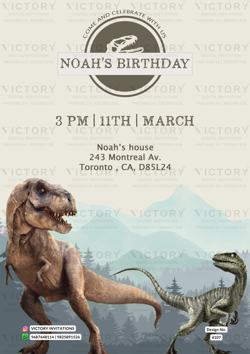 Birthday party invitation card in english language with dinosaur theme design 4107
