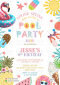 Pool Party invitation card in english language with flamingo, fruit as minimalistic theme design 4108
