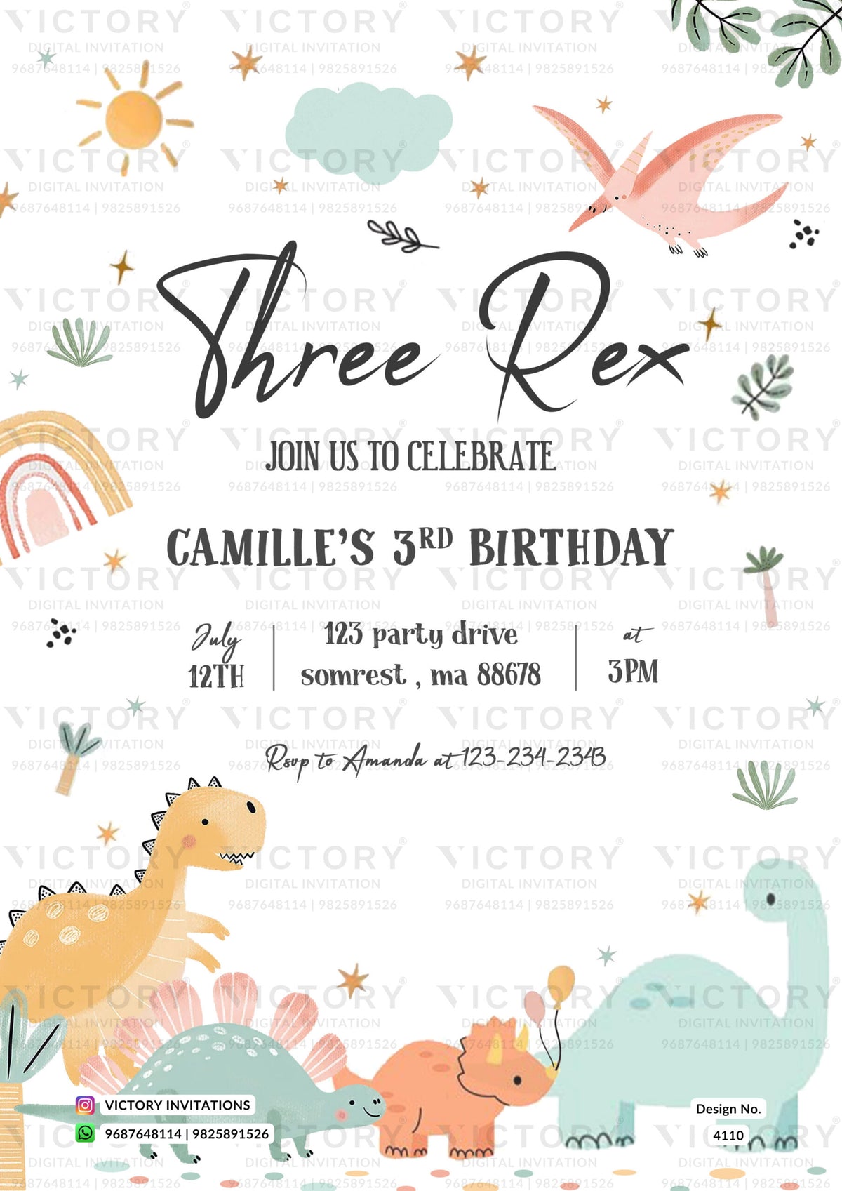 Birthday party invitation card in english language with dinosaur theme design 4110