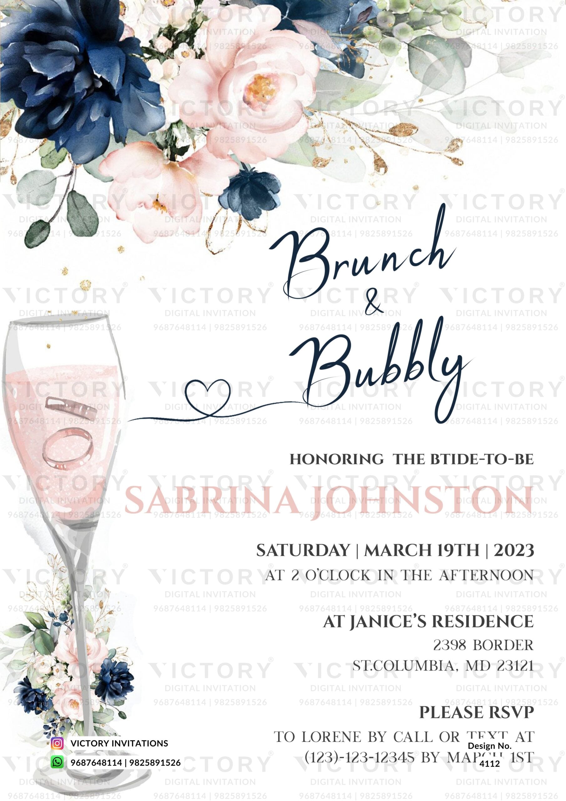 Bridal Shower invitation card in english language with flowers as floral theme design 4112