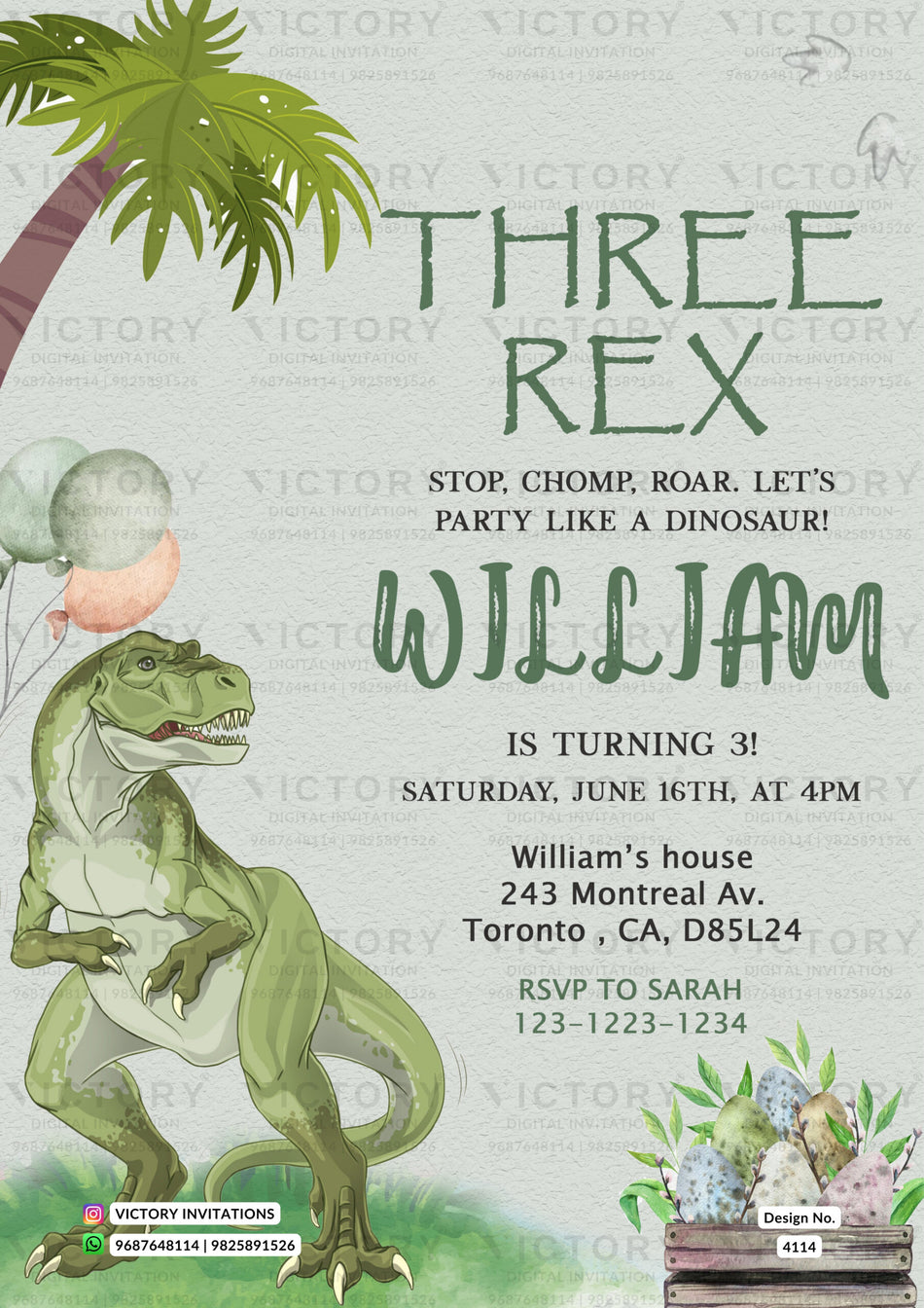 Birthday party invitation card for boy in english language with dinosaur theme design 4114