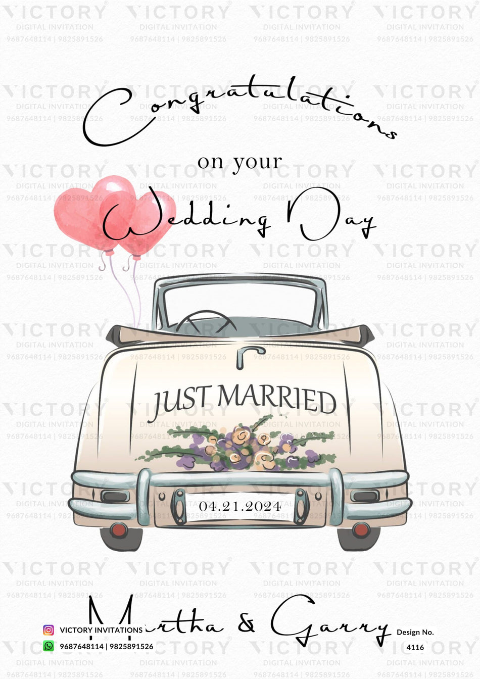 Wedding Congratulations invitation card in english language with car, balloon as minimalistic theme design 4116
