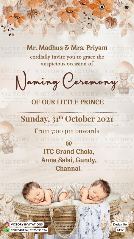 Twins Baby Naming ceremony invitation card in english language with hot air balloon, teddy bear, baby image as floral theme design 4117
