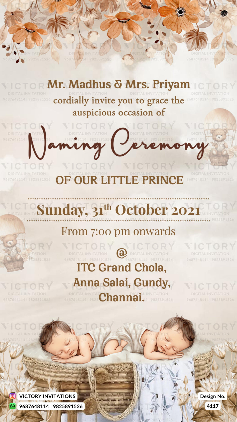 Twins Baby Naming ceremony invitation card in english language with hot air balloon, teddy bear, baby image as floral theme design 4117