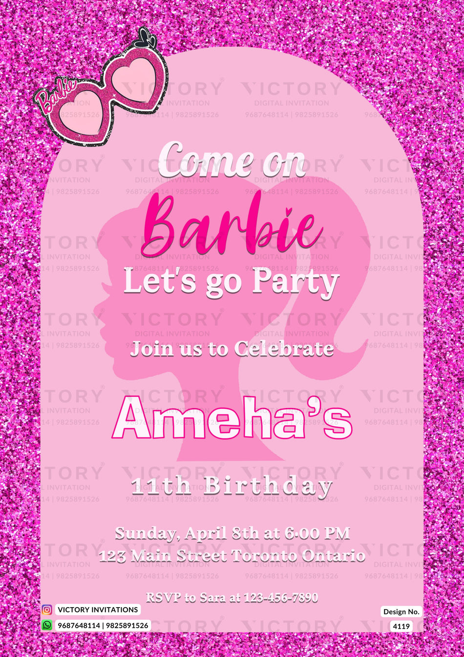 Birthday party invitation card for girl in english language with barbie theme design 4119