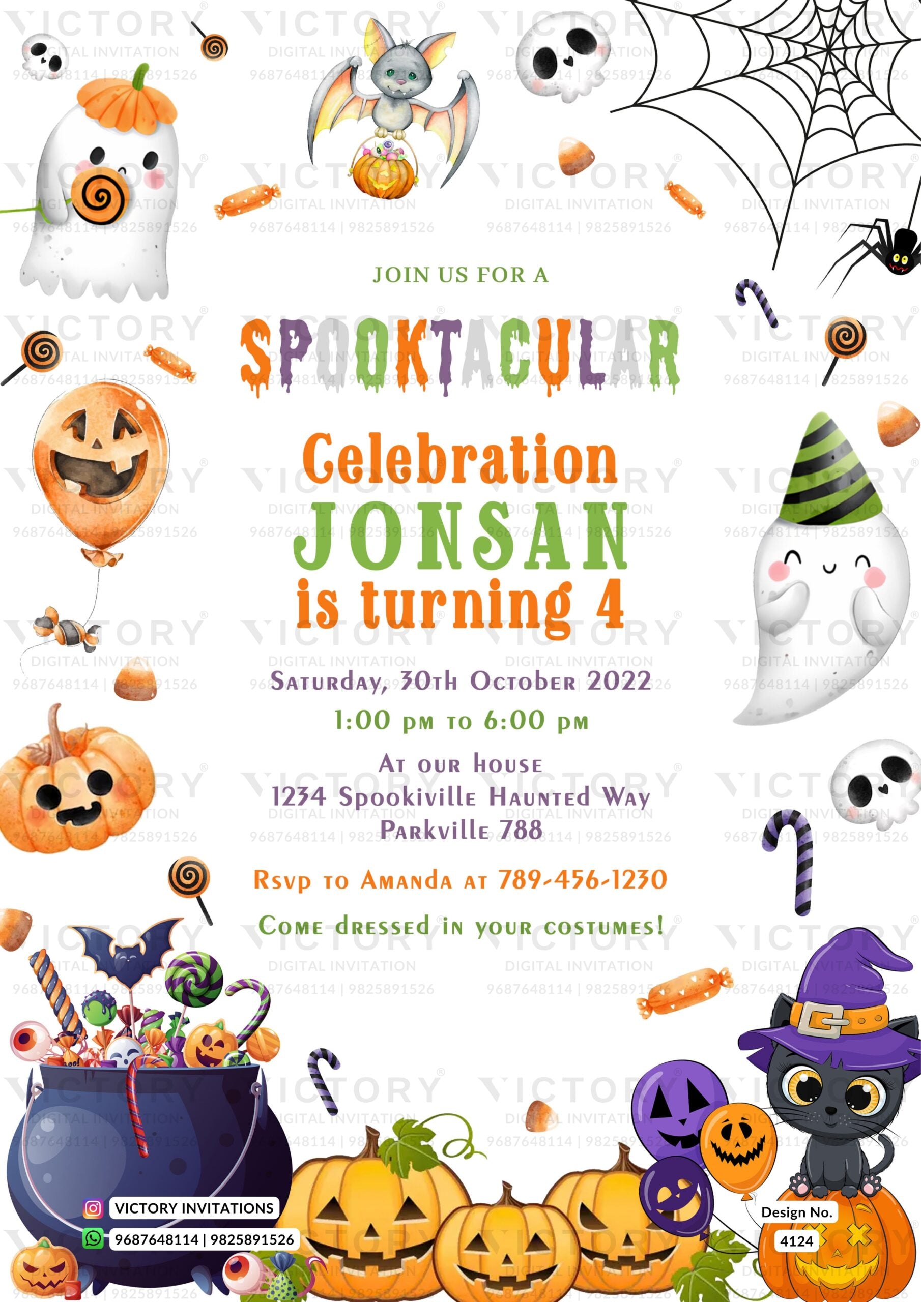Halloween Party invitation card in english language with white ghost, halloween pumpkin as Halloween theme design 4124