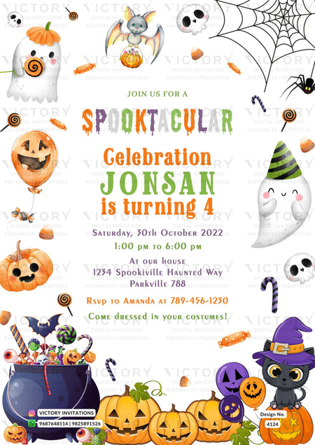 Halloween Party invitation card in english language with white ghost, halloween pumpkin as Halloween theme design 4124