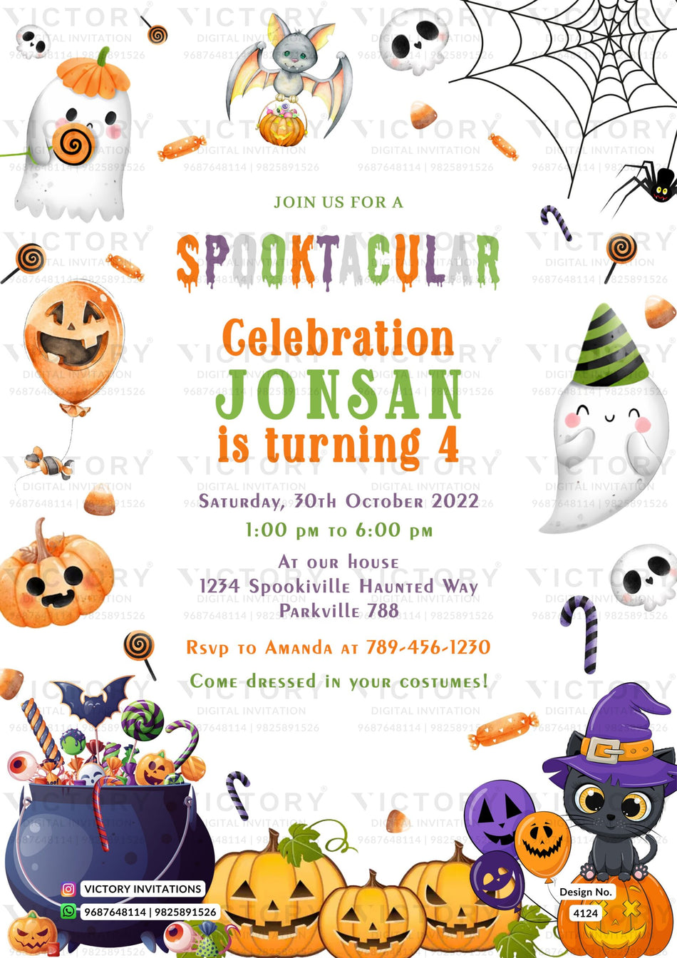 Halloween Party invitation card in english language with white ghost, halloween pumpkin as Halloween theme design 4124