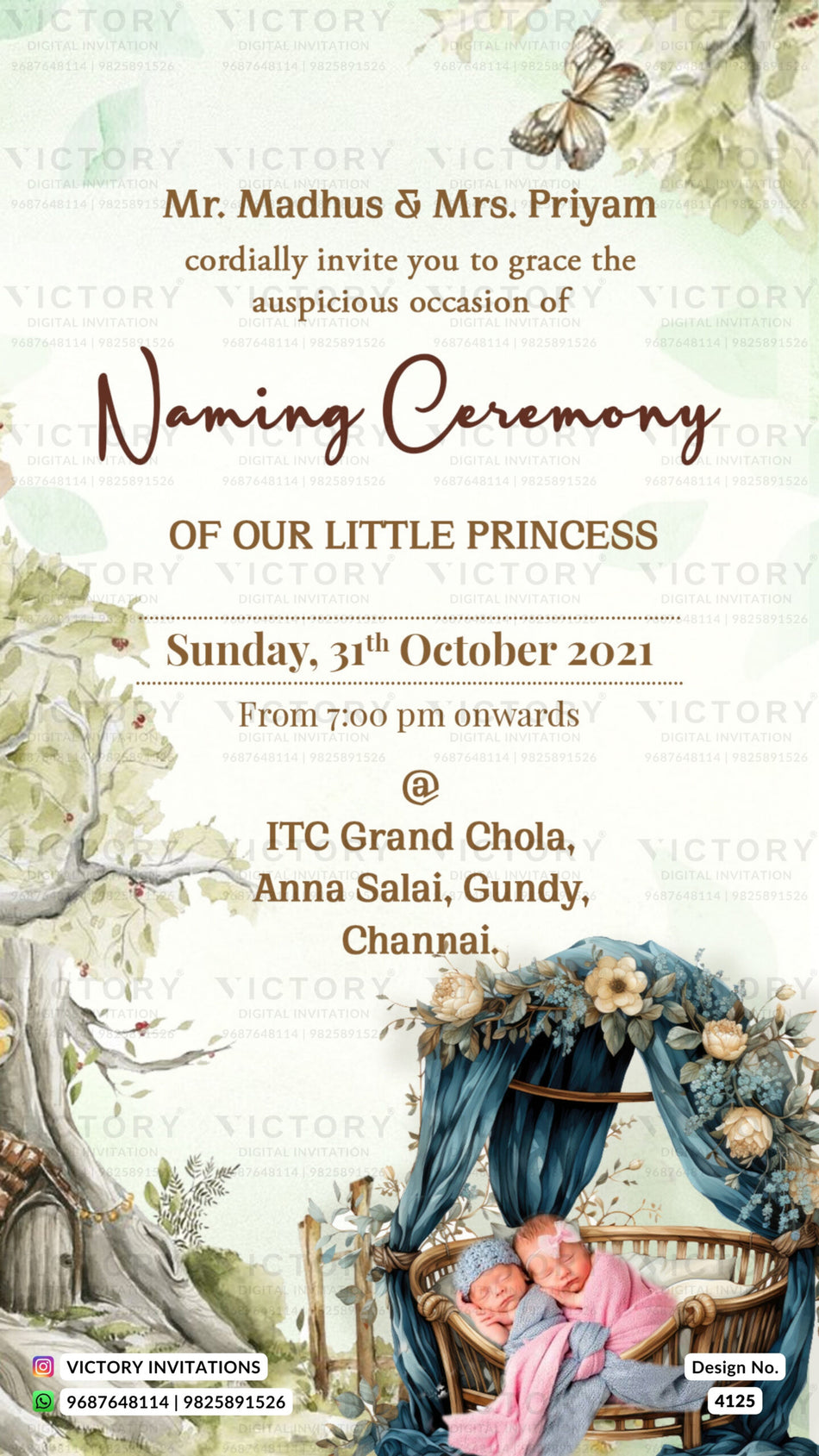 Twins Baby Naming ceremony invitation card in english language with butterfly, baby image, crib canopy image as forest theme design 4125