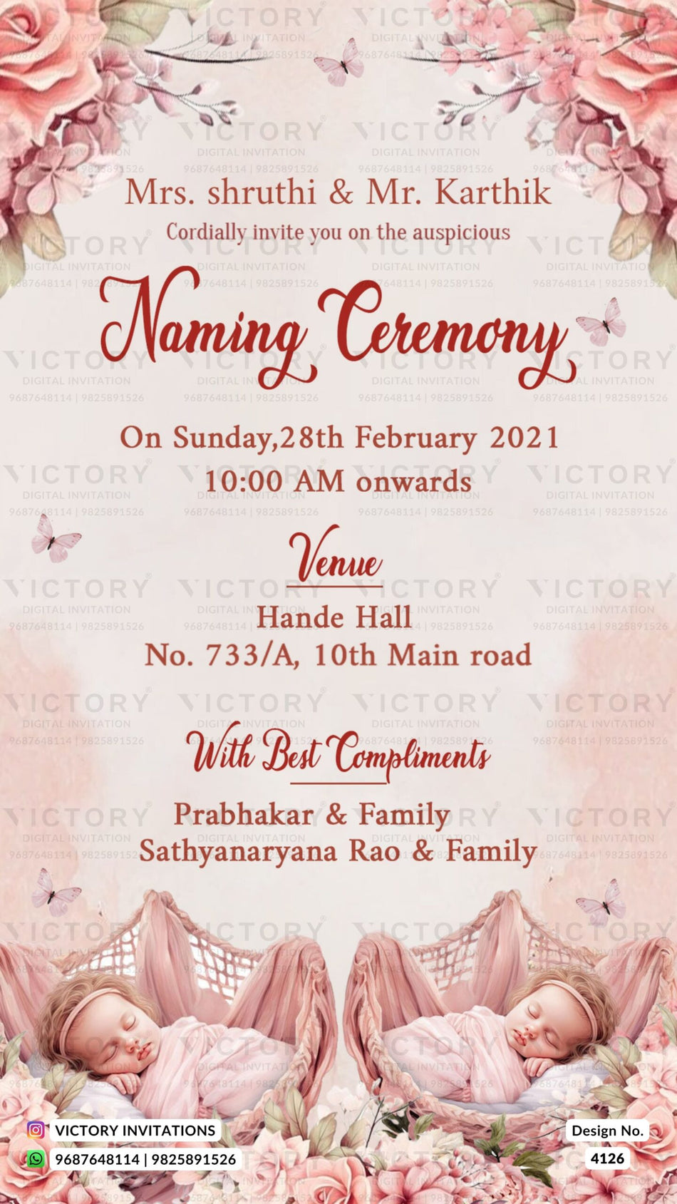 Twins Baby Naming ceremony invitation card in english language with butterfly, baby image as floral theme design 4126