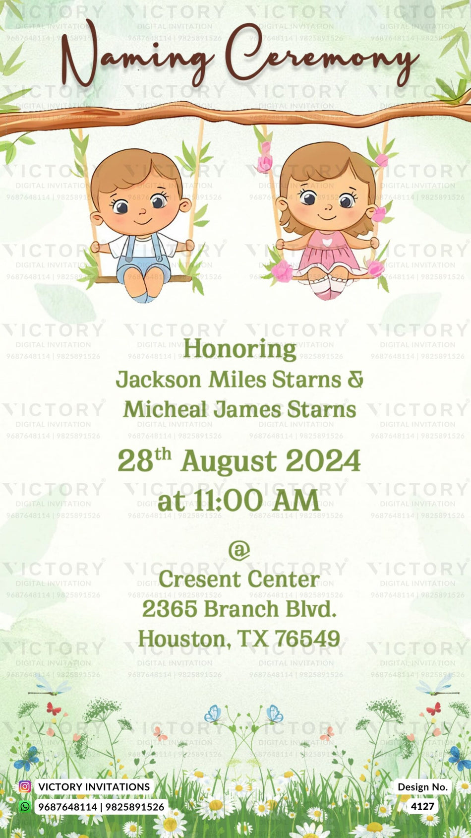 Twins Baby Naming ceremony invitation card in english language with girl and boy doodle, butterfly as floral theme design 4127